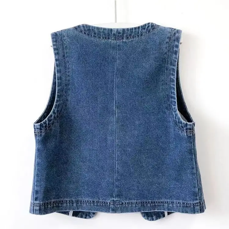 Hong Kong Style Retro Denim Vest Short Slim Spring and Autumn Collarless Outer Vest Fashion Women's Waistcoat Jacket XS-3XL