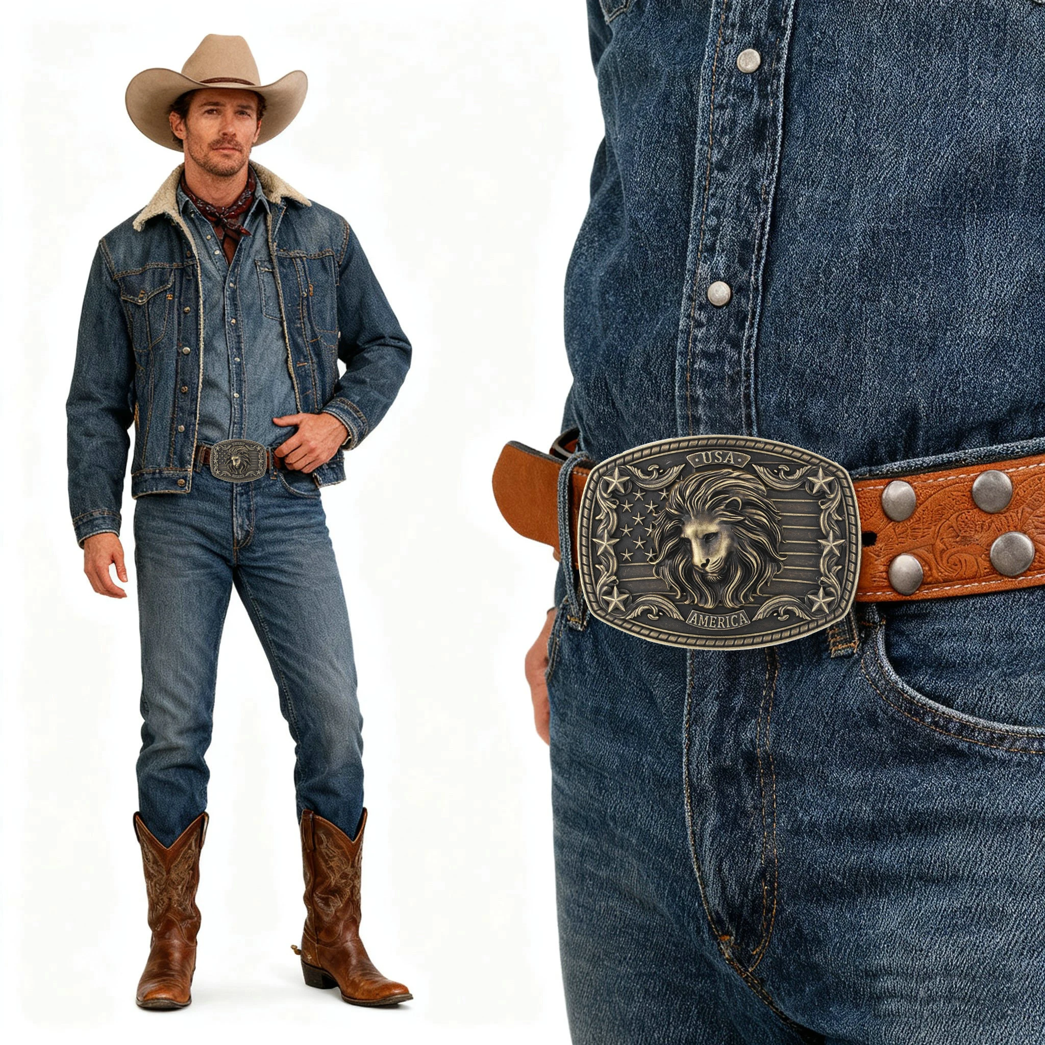 معدن مخصص الغربية حزام مشبك الأسد نمط الفضة النحاس والجلود كاوبوي نمط خمر سبيكة حزام مشبك