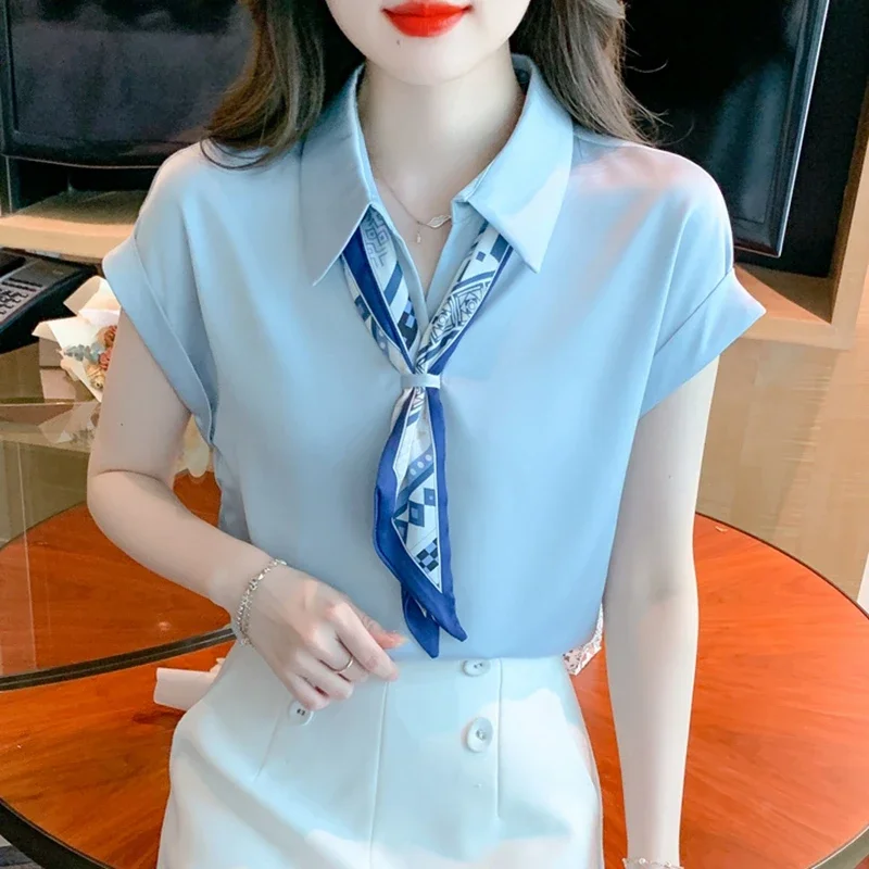 Elegant Summer Office Silk Blouses Women 2024 Fashion Short Sleeve Blue Ladies Tops Korean Style Clothes y2k Work Chiffon Shirts