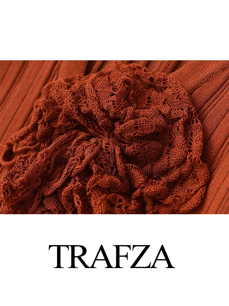 TRAFZA donna moda caffè scollo a v manica lunga fiore decorato ago Fine Top femminile Chic elegante a coste Slim High Street Top