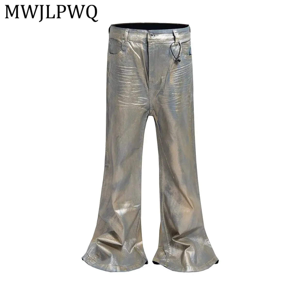

MWJLPWQ Hiphop Metallic Coated Flare Jeans Vintage Washed Wrinkle Texture Floor Stack Hem Unisex Y2k Street Denim Trousers 17120