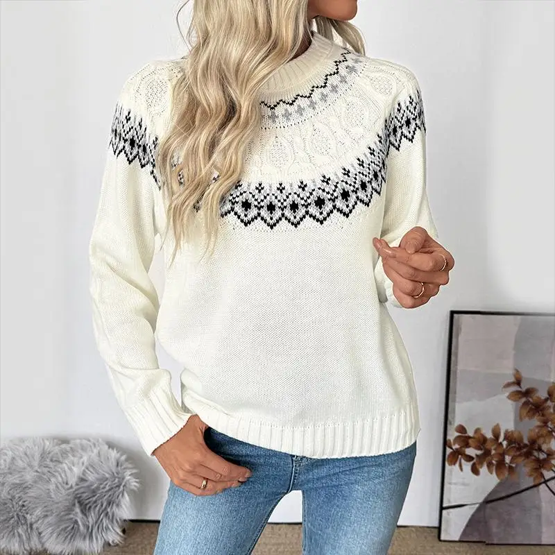 

Women's White Nordic Pattern Crew Neck Knitted Sweater Long Sleeve Autumn Winter Casual Loose Fit Daily Fashion Pullover
