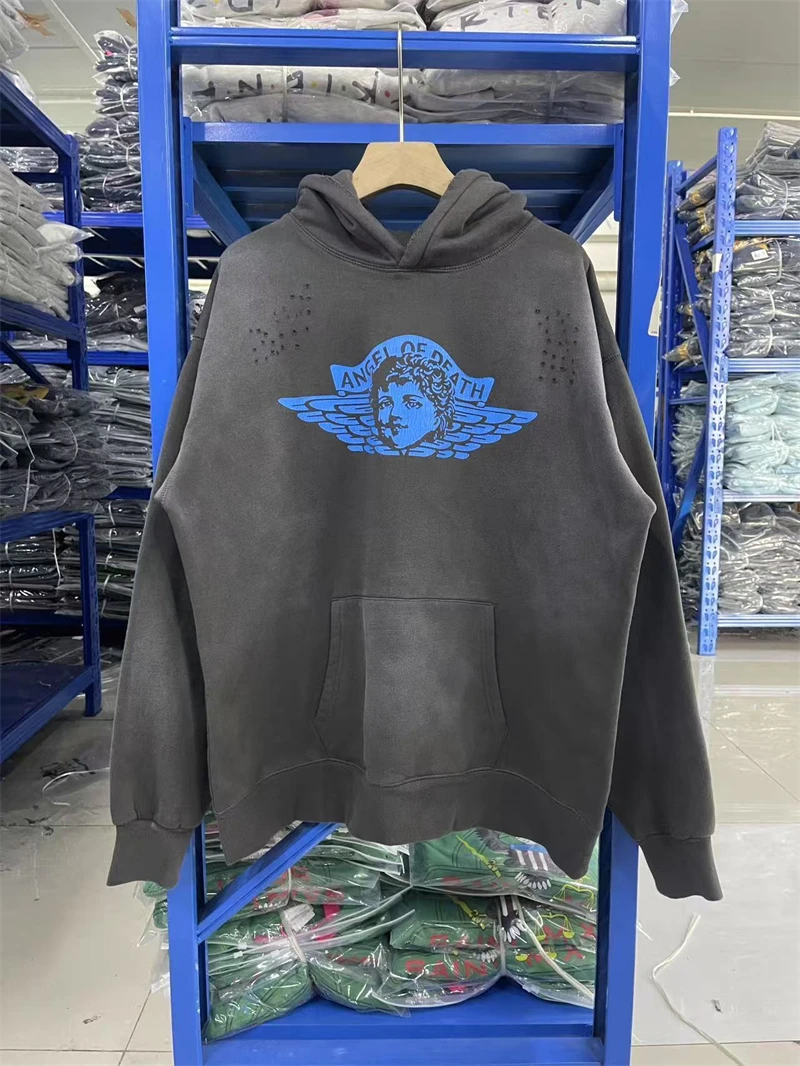 

Autumn Winter Saint Of Michael 25SS "Angel" Pattern Printed Washed Vintage Hoodie High Street Casual Loose Cotton Oversize