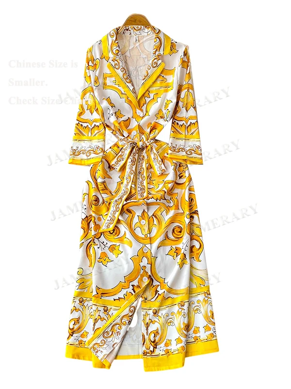 Herbst Pocelain Print Midi Kleider Hemd Frauen Einreiher Schnürsenkel Gürtel Druck Langes Kleid Lose Große Größe Böhmischen Urlaub robe