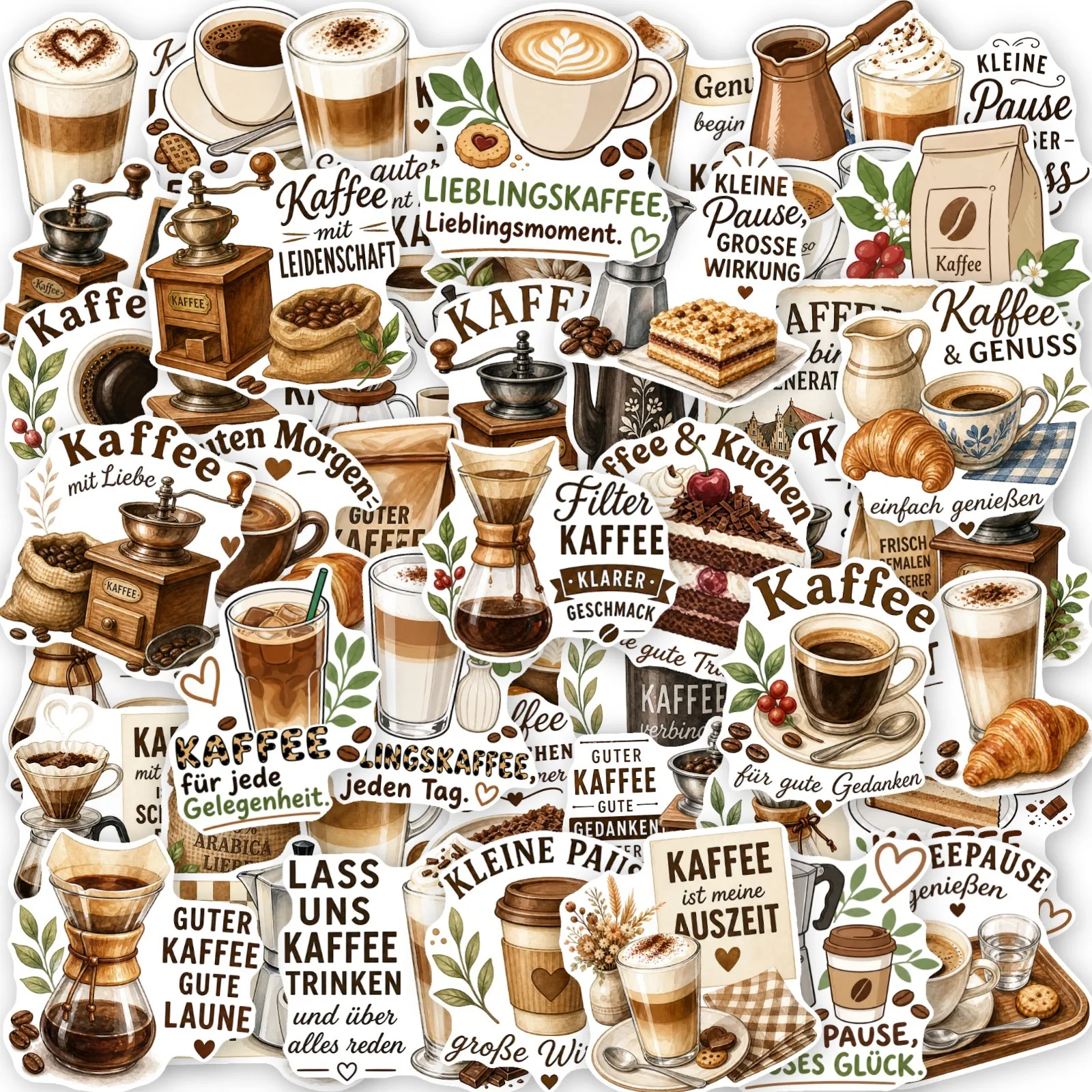50 PCS Hand Drawn Baking Food German Coffee Quote Stickers Hand Account Stationery Water Cup Decorate Waterproof Decals