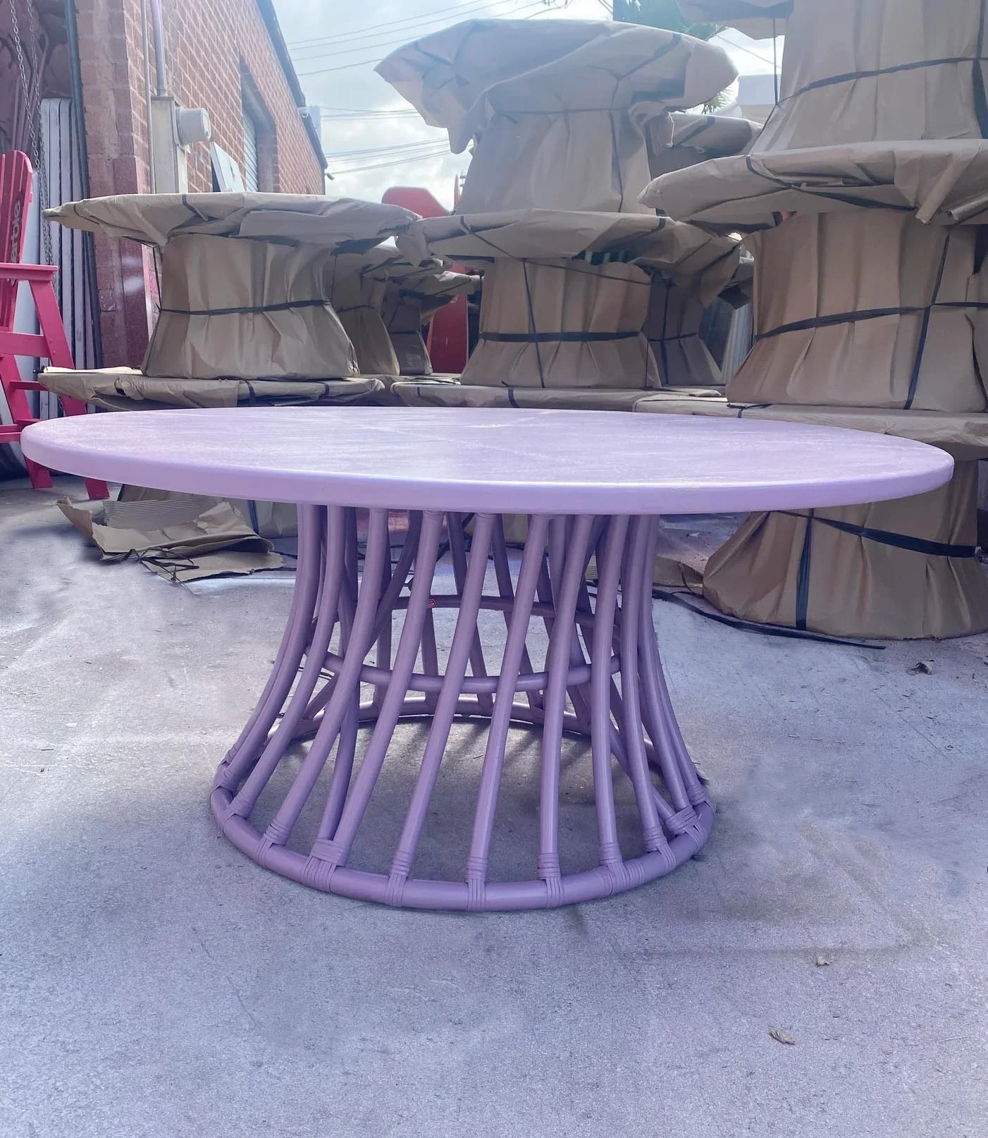 

Weddings celebrations and Event Parties Kids Lavender Rattan Round Table with Oak Table Top