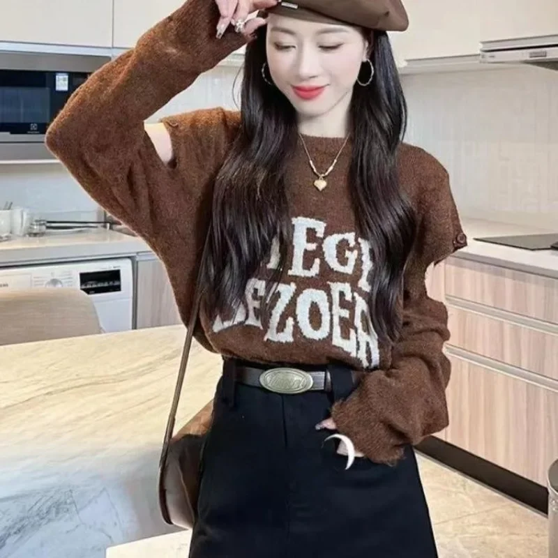 Shpmishal Knitted Sweater Women's Autumn 2024 New Style American Retro Jacquard Letter Round Neck Off Shoulder Pullover Sweater