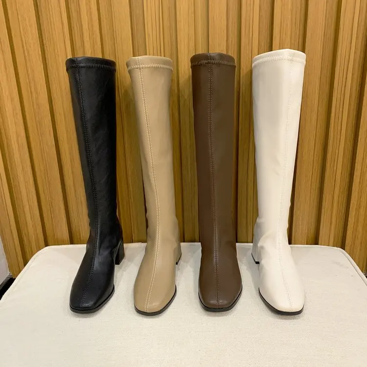 2021 Fashion Women  Black Block High Heels Long Boots New Winter Warm Knee High Boots Soft Leather Thigh High Boots Shoes