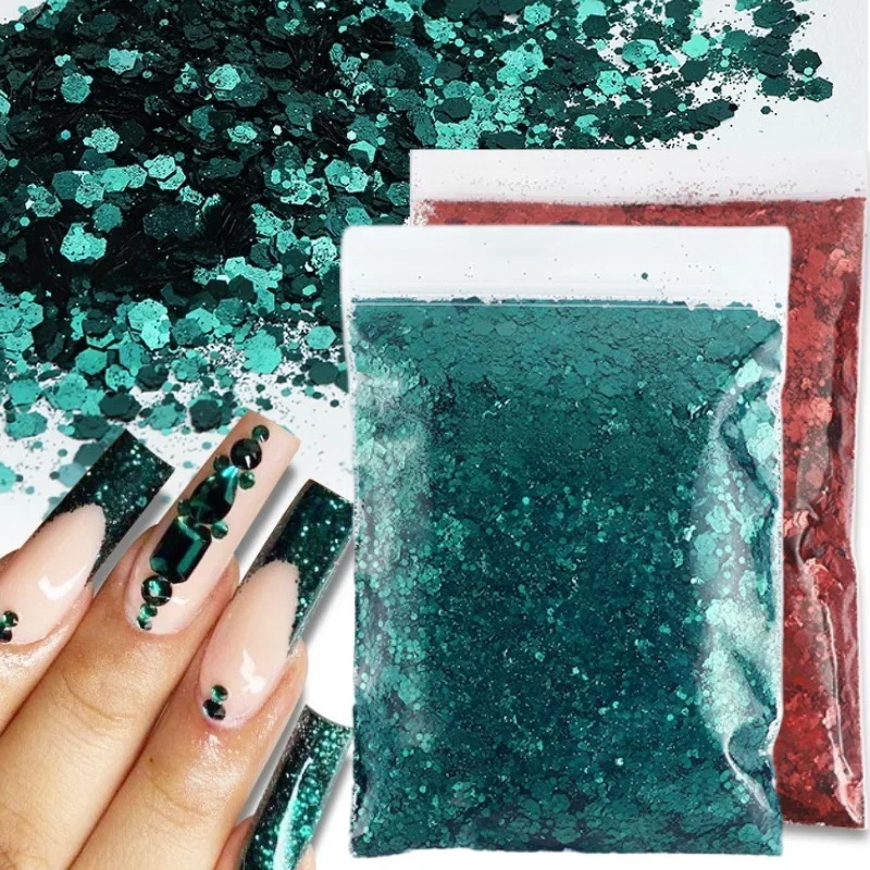 50g Emerald Dark Green Chunky Nail Glitter Mixed Hexagon Ink-blue Bulk Fine Powder Decoration Accessories for Nail Art Supplies