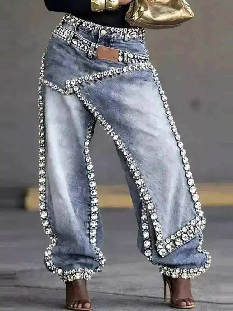 2026 Women Jeans Wide Leg Layered Patchwork Washed Rhinestone Decor Asymmetric Streetwear Fashion Summer 2026 New