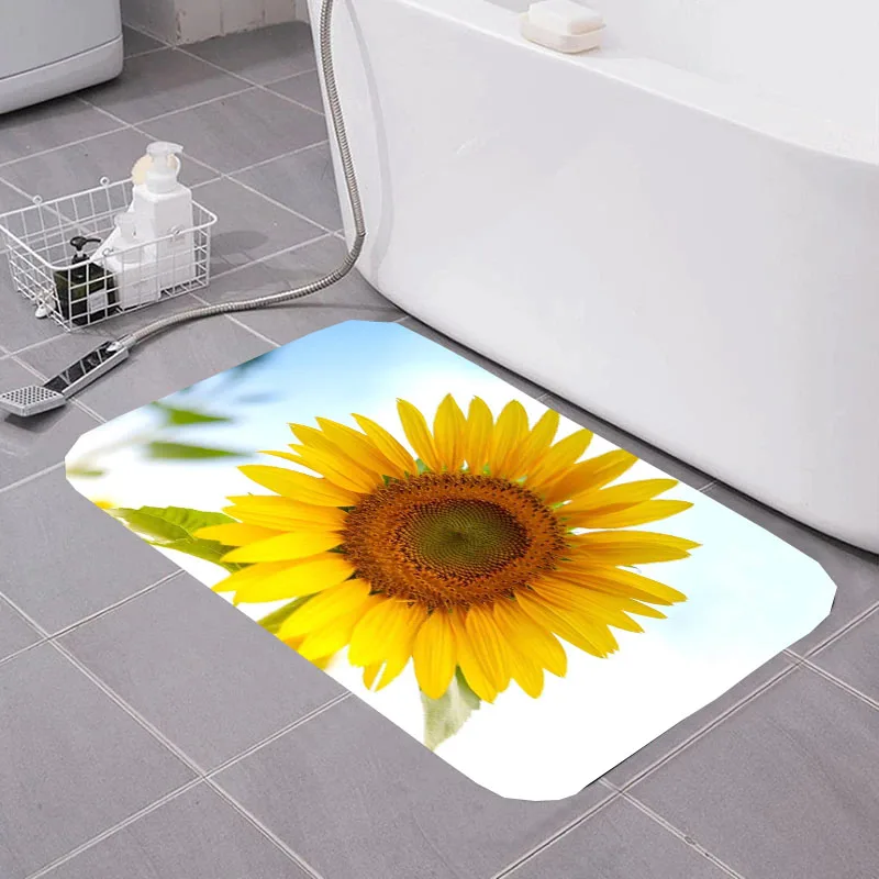 Sunflower Pattern Polyester Flannel Floor Mat for Bathroom Absorbent Shower Room Carpet Home Decorative Accessories Non-slip Rug