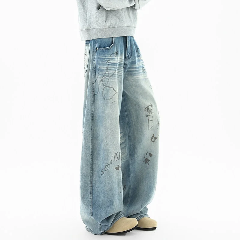 

Retro American High Street fiti Print Distred Denim Jeans Men's Women's Loose Straight Leg Wide Leg Long Pants