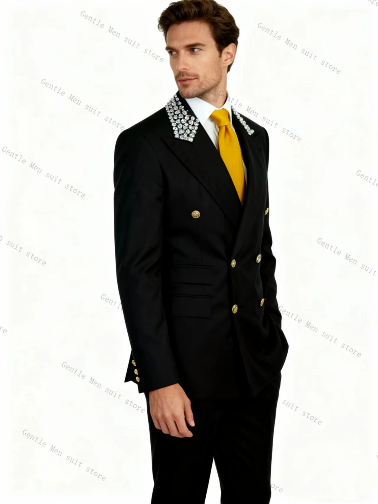 블랙 크리스탈 남성 정장 세트 2피스 블레이저+면바지 고급 웨딩 턱시도 포멀 오피스 재킷 코트 맞춤 제작