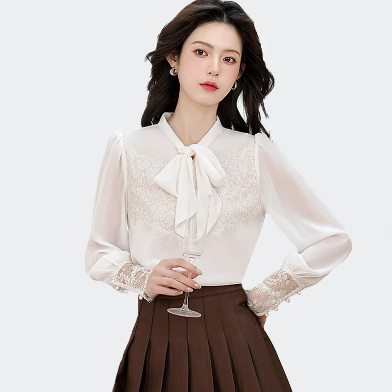 

Ladies Cute Sweet Girls Preppy Style Tops Blouses Formal Office Lady Basic White Shirts Chic Lace Stitching Fashion Women Blouse