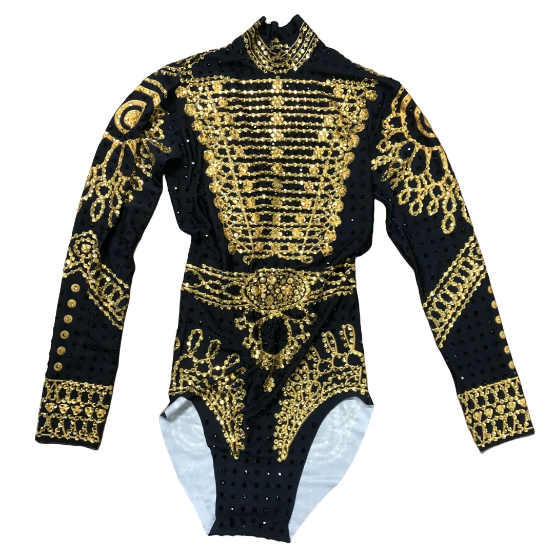 Sparkly Women Rhinestone Gold Bodysuits Birthday Drag Queen Outfit Nightclub Leotard DJ DS Singer Dance Performance Wear