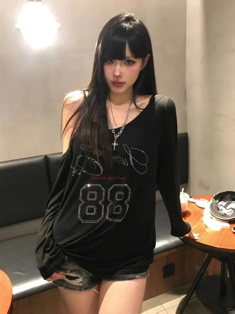 

American Sexy Long Sleeve T-Shirt Women Casual Streetwear Bodycon Letter Rhinestone Top Y2k Retro Solid Color 2025 New Arrival