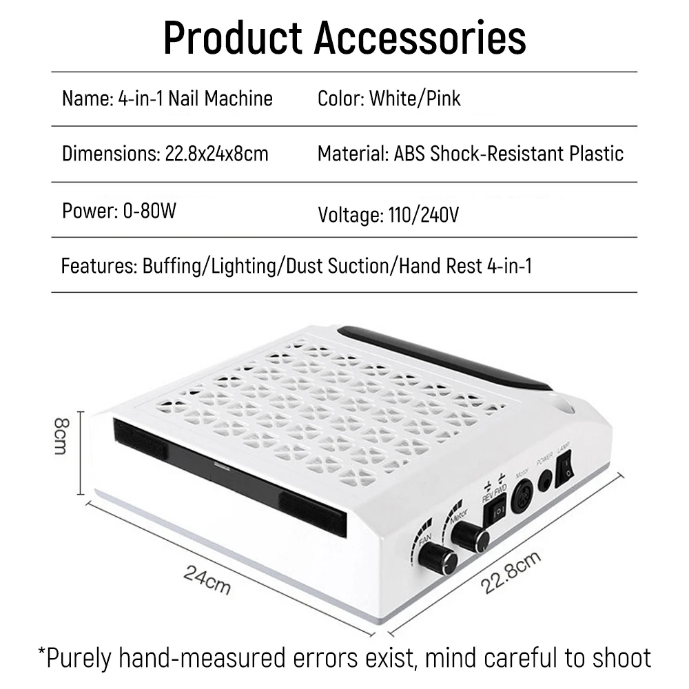 Aspirapolvere per manicure professionale 80W 4 IN 1 con lucidatore e lampada Forte aspirazione Illuminazione Trapano per unghie Collettore di polveri per unghie