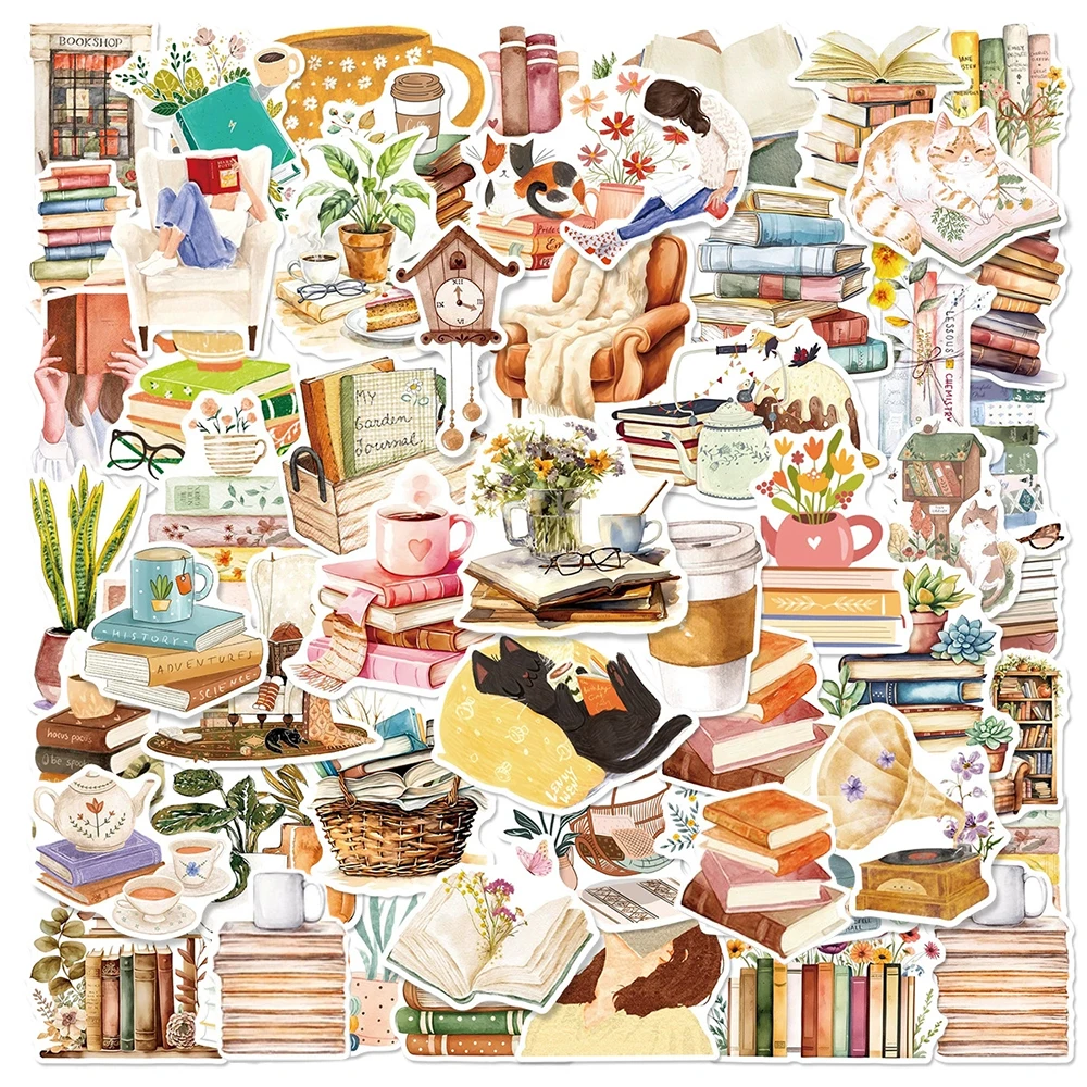 10/30/50pcs Vintage Watercolor Books Reading Stickers Aesthetic Graffiti Decals DIY Notebook Suitcase Laptop Decoration Sticker