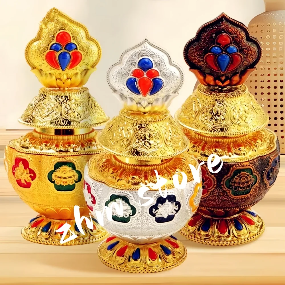 

Tibetan Aquarius Box Rack,Buddhism With lid Box,Painting Alloy Eight Auspicious Tribute Jar,Buddhist Supplies Altars Decorative