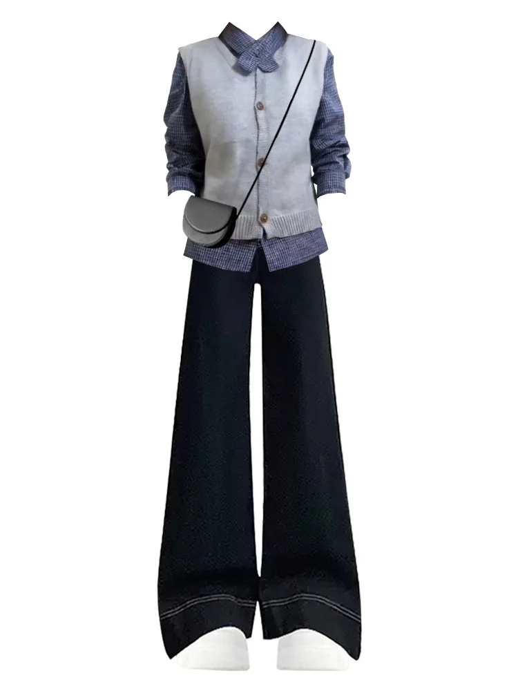 Faionable Knitted Denim Wide Leg Pants Tee Piece Set for Women Winter Striped irt Ele High Quali Ensemble