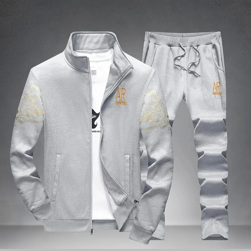 

Spring Autumn Men's Casual Sportswear Sets Stand Collar Embroidery Jacket + Elastic Waist Pants Set Men Two-piece Tracksuit Sets