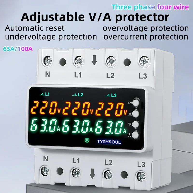 3 Phase 63A/100A Din Rail Voltmeter Ammeter Adjustable Over and Under Voltage Current Limit Protection Monitor Relays Protector