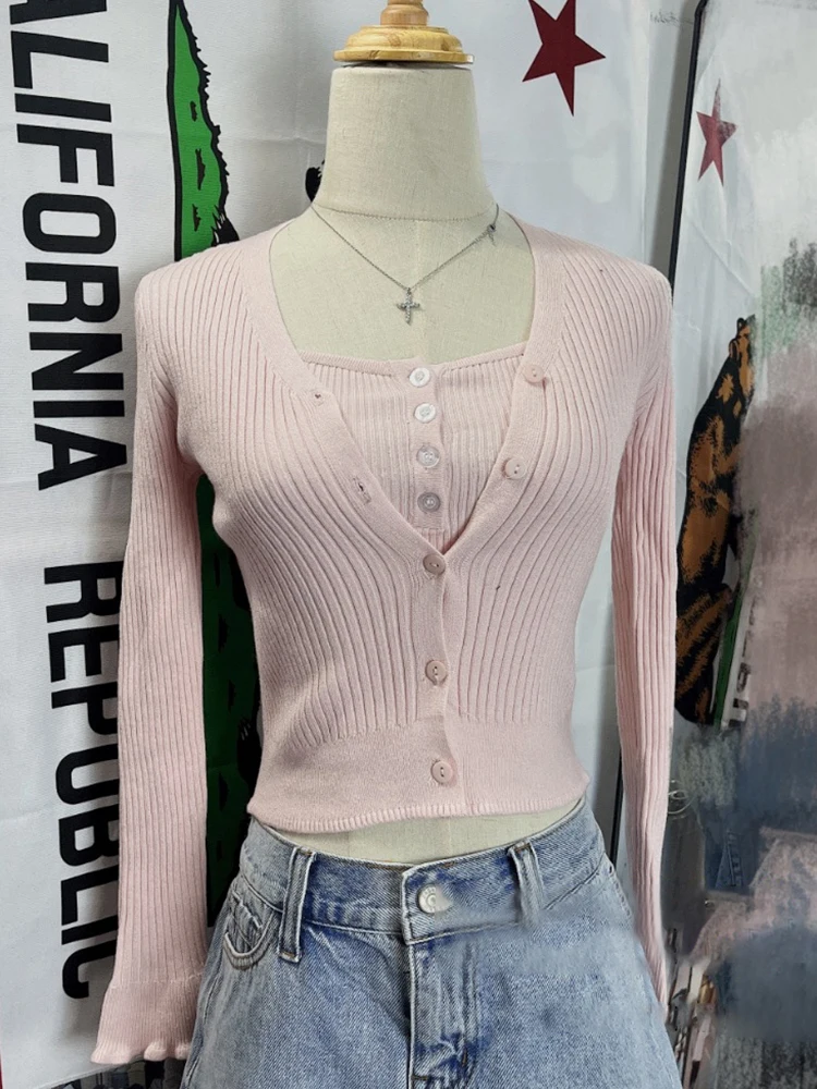 Pink Knitted Slim Long Sleeve T Shirt For Women Autumn V Neck Cotton Button Tees Tops Y2k Vintage Sweet Ruffles Crop Top Female