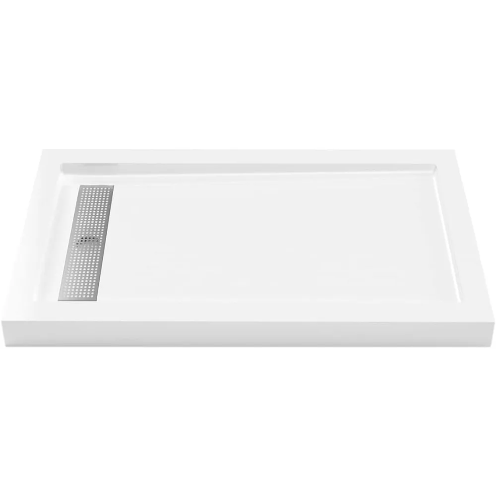 Shower Base Including Polished 304 Stainless Steel Linear Drain Cover. Acrylic Shower Pan with 3 Aluminium Flanges, White