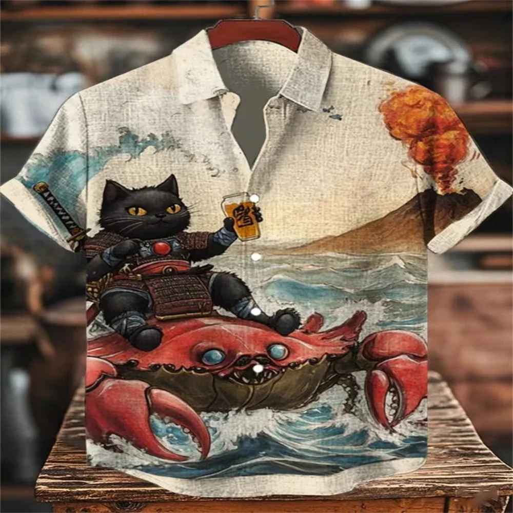 Men's Samurai Cat Print Hawaiian Beach Shirt, 3D Printed Hawaiian Shirt, Men's Fashion Short-Sleeve Top, New Arrival