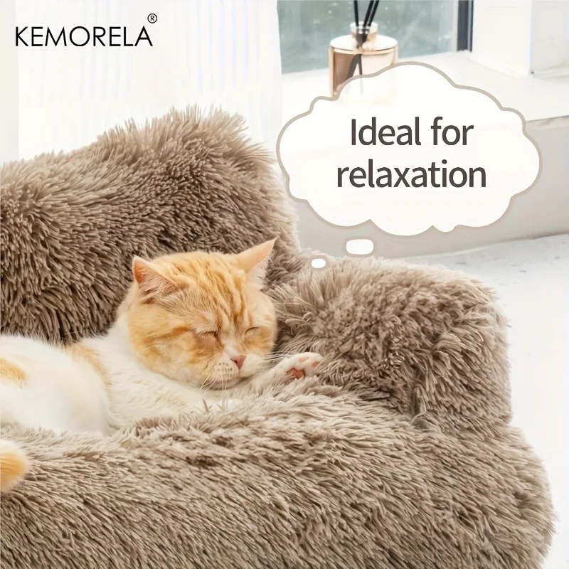 Anxiety Raised Pet Sleeping Sofa Soft Calming Fluffy Long Fur Pet Sofa Couch Detachable Washable Non-Slip Base All-Season