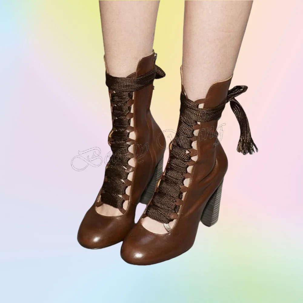 Brown Front Cross Tied Square Heel Boots Lace up Knee High Shoes for Women Cover Toe Wedding Shoes 2025 Zapatillas Mujer