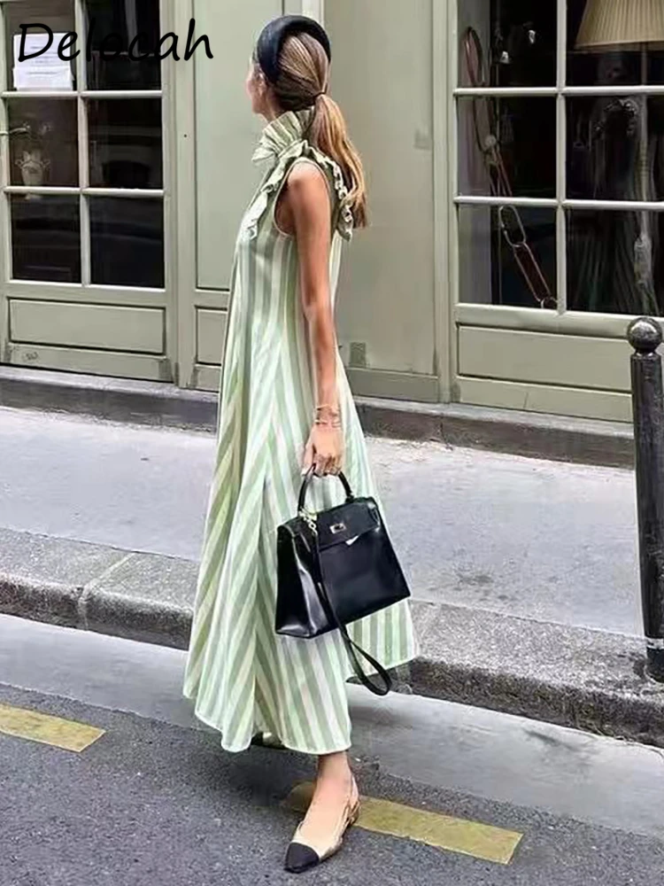 

Delocah High Quality Autumn Women Fashion Designer Midi Dress Sleeveless With Belt Striped Print Ruffles Trim Big Swing Dresses