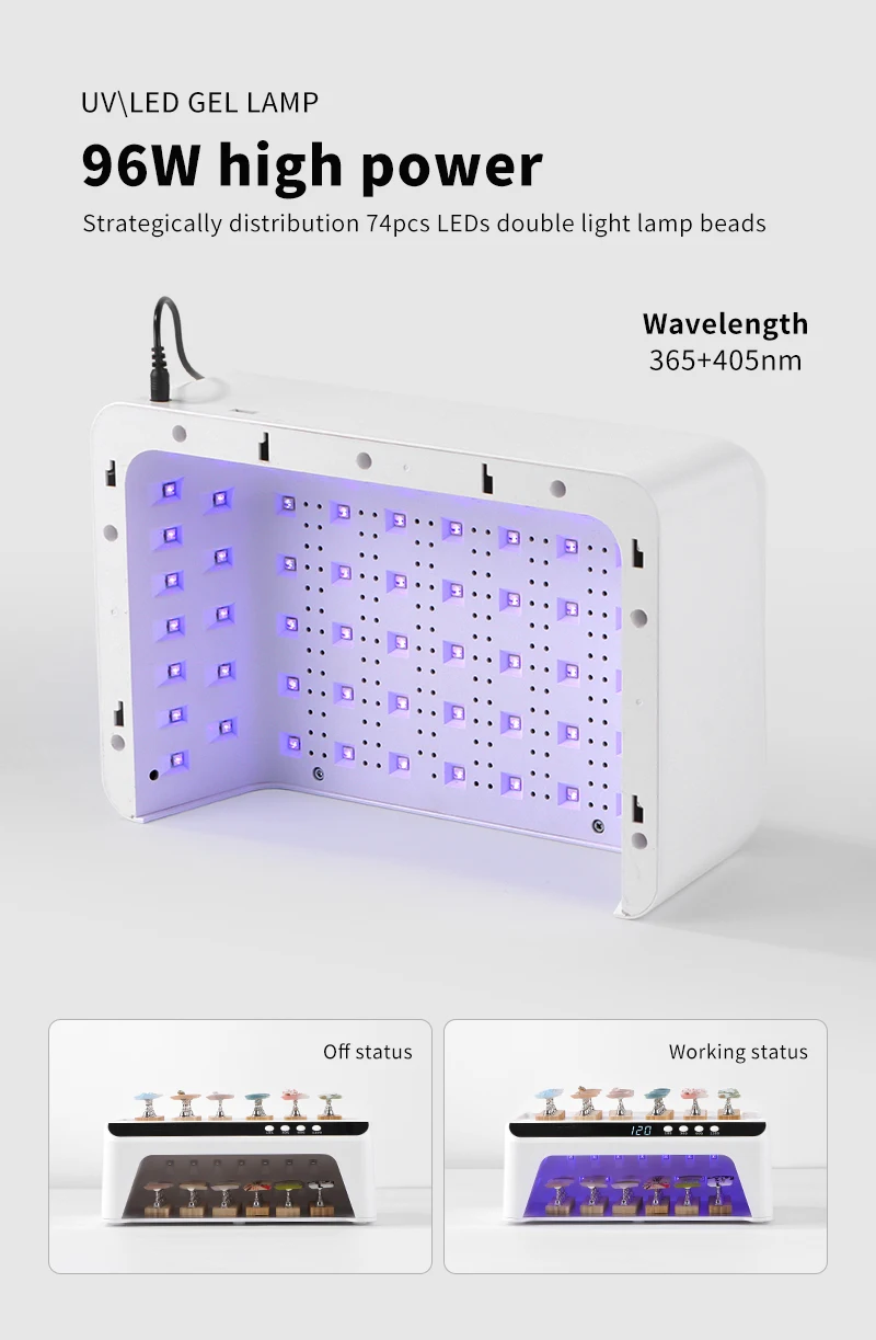เครื่องอบเล็บยูวีแอลอีดี 2-in-1 สำหรับใช้ในบ้าน พร้อมที่วางแขนแบบหมอน สำหรับเจลขัดเงา รุ่นใหม่ล่าสุด 96 วัตต์ พร้อมหลอดไฟ LED 74 ดวง สำหรับร้านทำเล็บ ﻿