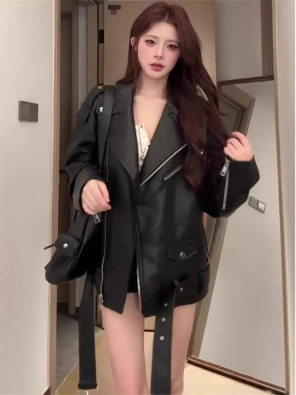 Jaqueta de Couro Preta Retro Americana para Mulheres, Primavera e Outono, Tamanho Pequ, Oversize, Jaqueta de Couro PU para...