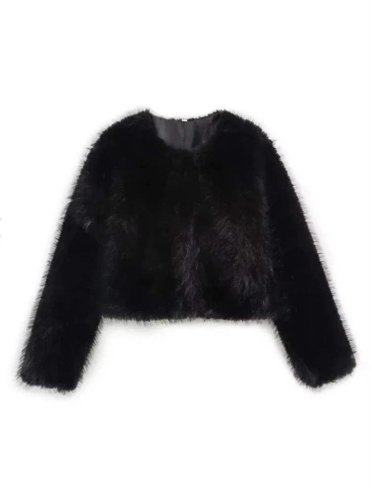 

2025 Winter Loose Fur Feather Jackets Women Long Sleeve Patchwork Commute High Waist Solid Coats Female Casual Jackets Outwear