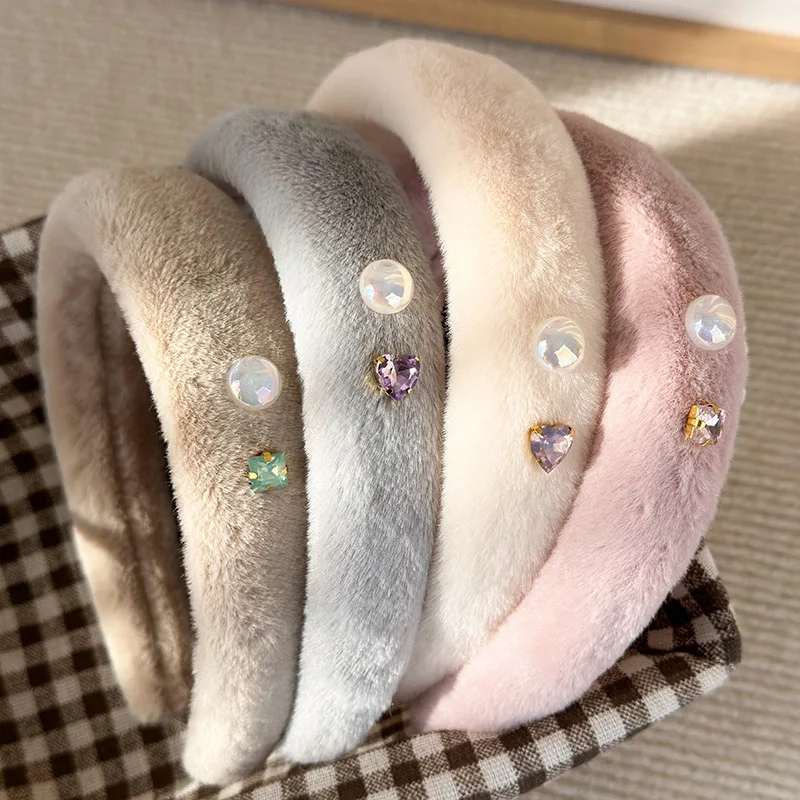 New Retro Pearl Rhinestone Plush Texture Sponge Thickened Headbands Simple Solid Color Hairbands Woman Fashion Elegant Hair Hoop