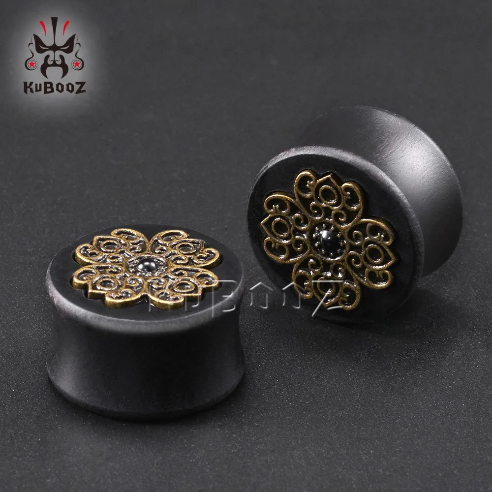 KUBOOZ Vintage Wood Flower Ear Tunnels Plugs Expanders Piercing Gauges Body Jewelry Earring Stretcher 2PCS 8mm-25mm