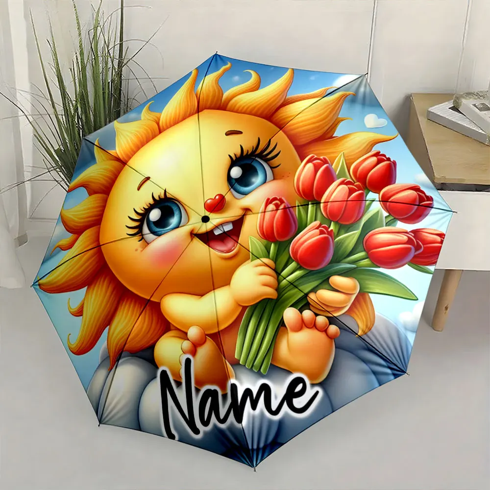 Custom Name  Cute Cartoon Sun with Tulips on a Colorful Umbrella Print 8 Iron Ribs Folding Umbrella Auto-Open Fashion Sunshade