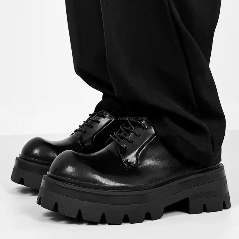 

British Style 7 Cm Thick Soled Derby Shoes Men's Height Increasing Round Toe Lace Up Black Leather Sponge Cake Big Toe Shoes