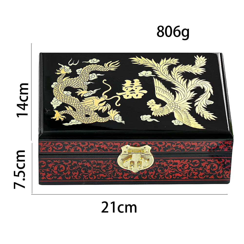 Antique Chinese Storage Box Handmade Lacquerware Dragon and Phoenix Solid Wood Wedding Jewelry Organizer Makeup Box with Mirror