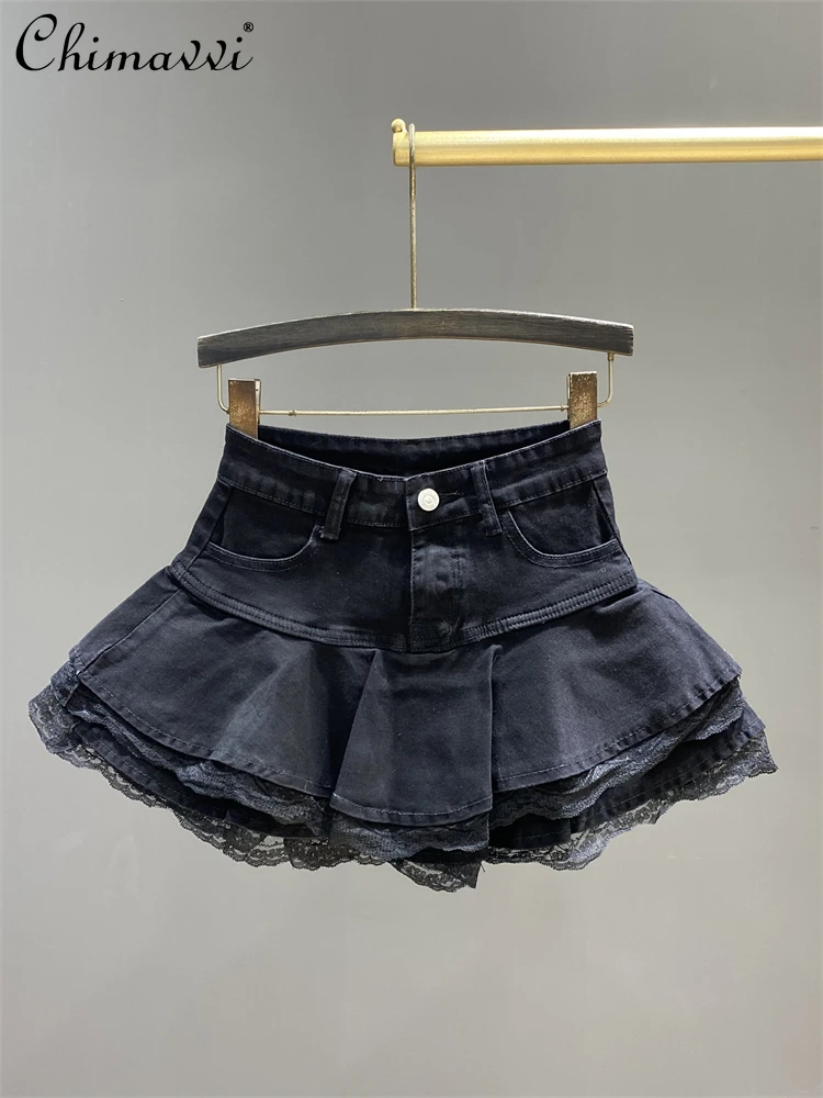 Mn Sweet-Jupe en jean taille haute pour femme, jupe en jean épissée, jupe bouffante en forme de A, bord à volants, épice, printemps et été, nouveau, 2025