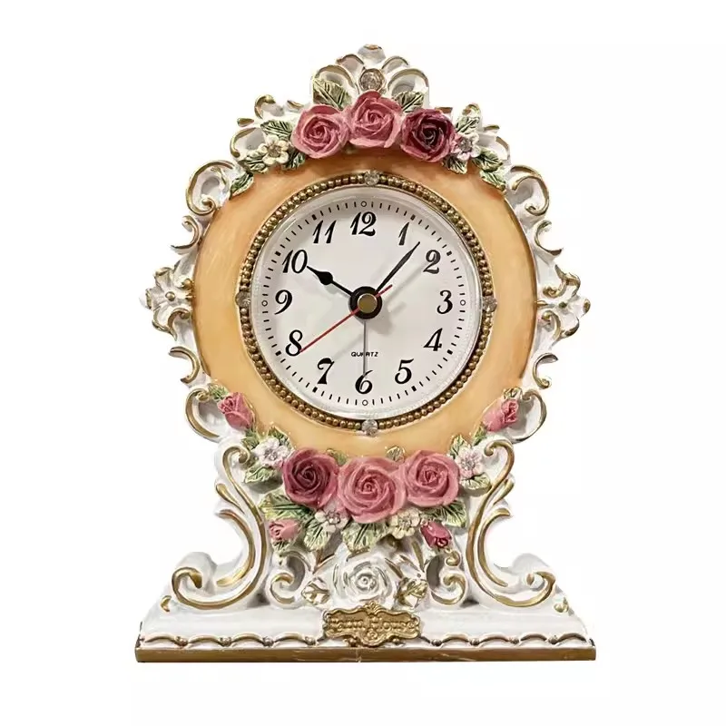 European Style Countryside Rose Desk Clock, Resin Creative Three-Dimensional Home Decoration Clock