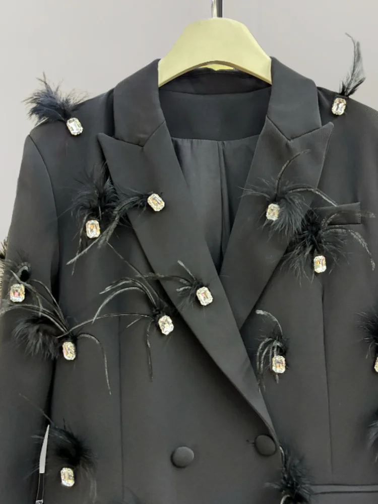 UCXQ Fashion Street Jacket European Style Beading Splicing Feather Double Breasted Loose Blazer Coat Women 2024 Spring Autumn 10