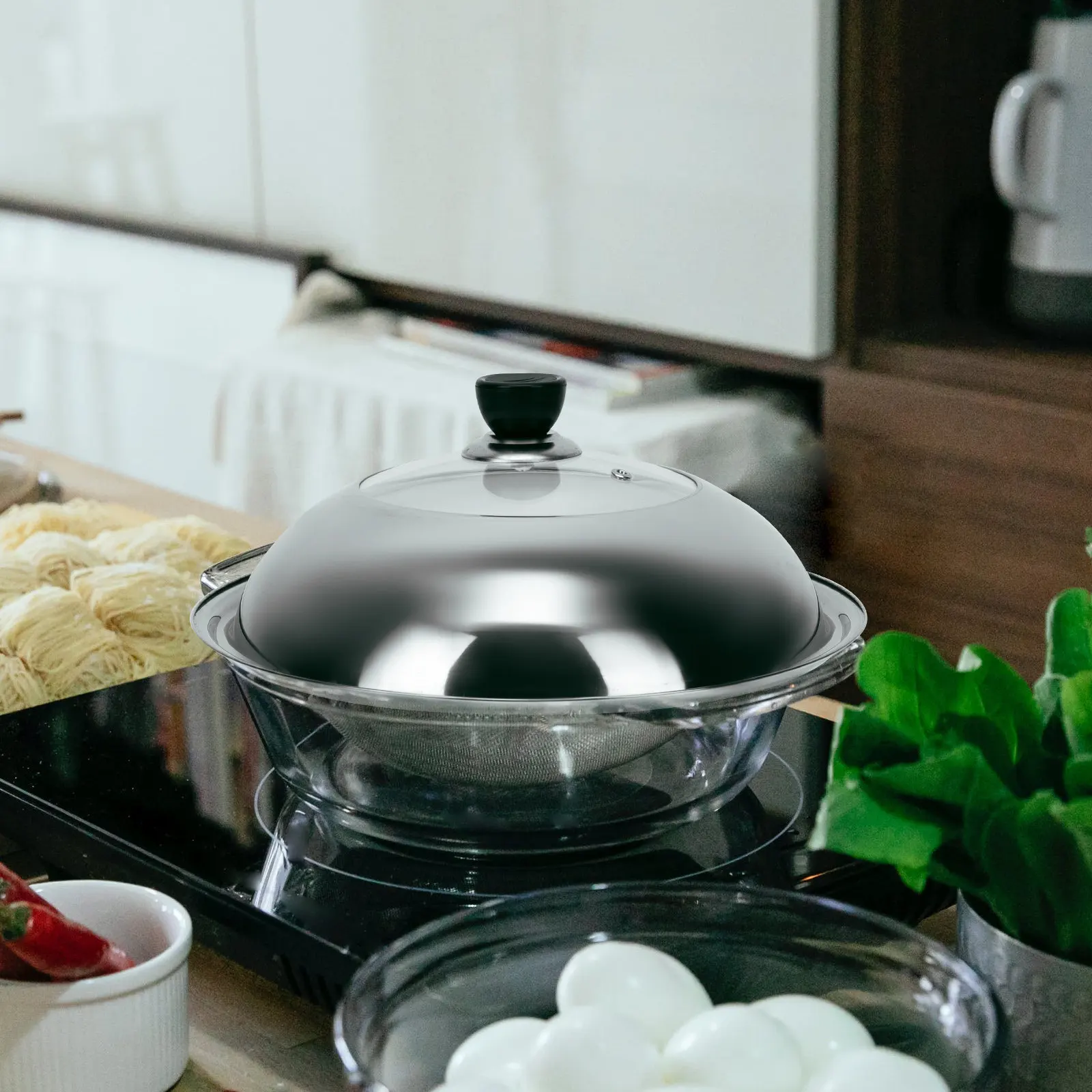 1Pcs Premium Stainless Steel Pot Cover with Clear Tempered Glass Center for Chinese Wok Cooking Steam Retention Easy Clean Safe