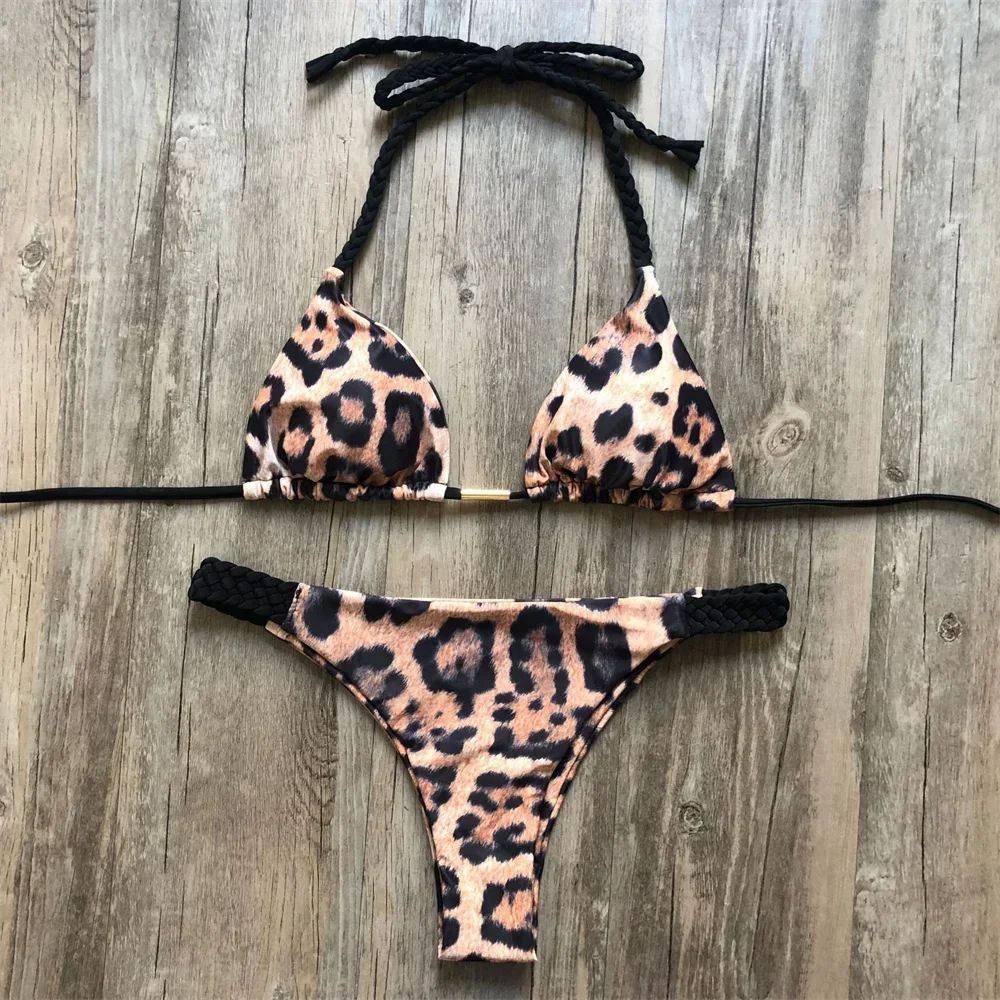 Halter String Leopard Print Bikini Woven Braid Triangle Sexy Swimsuit Backless Swimwear Thong Two Piece Women Beach Bathing Suit