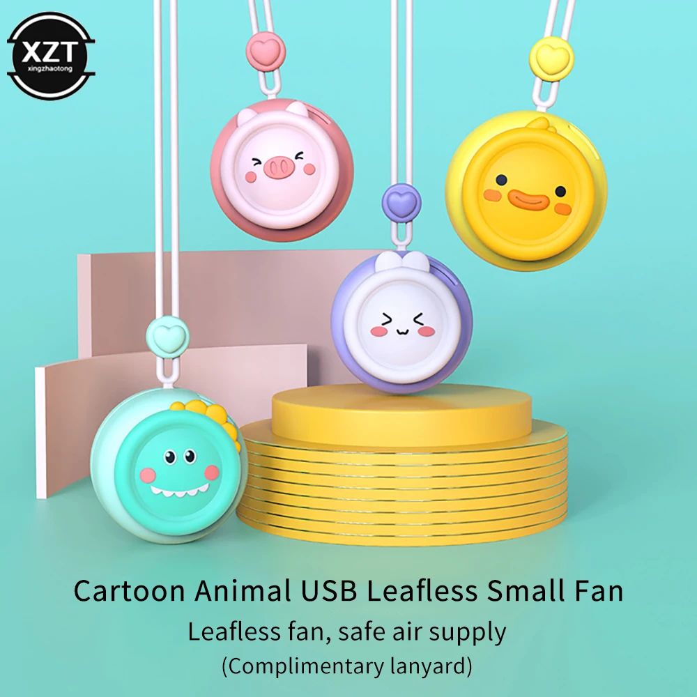 

Mini Rechargeable Cartoon Animal Hanging Neck Fan USB Portable Leafless Low Noise Small Fan for Students Children's Gifts