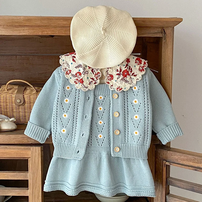 2024 New Spring Infant Baby Girl Knitting Clothes Set Long Sleeved Cardigan Coat+Jumpsuit Toddler Baby Knitted Clothing Suit