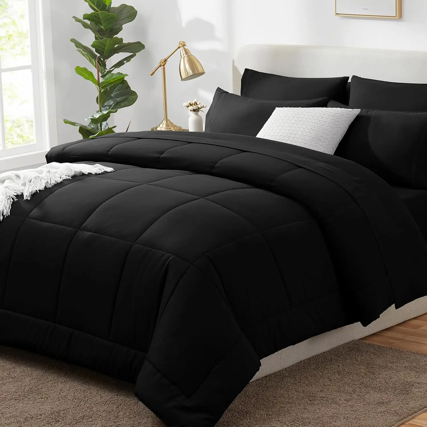 

Queen Size 7-Piece Bedding Set, All Season Quilted Comforter with Sheets and Pillowcases, Black