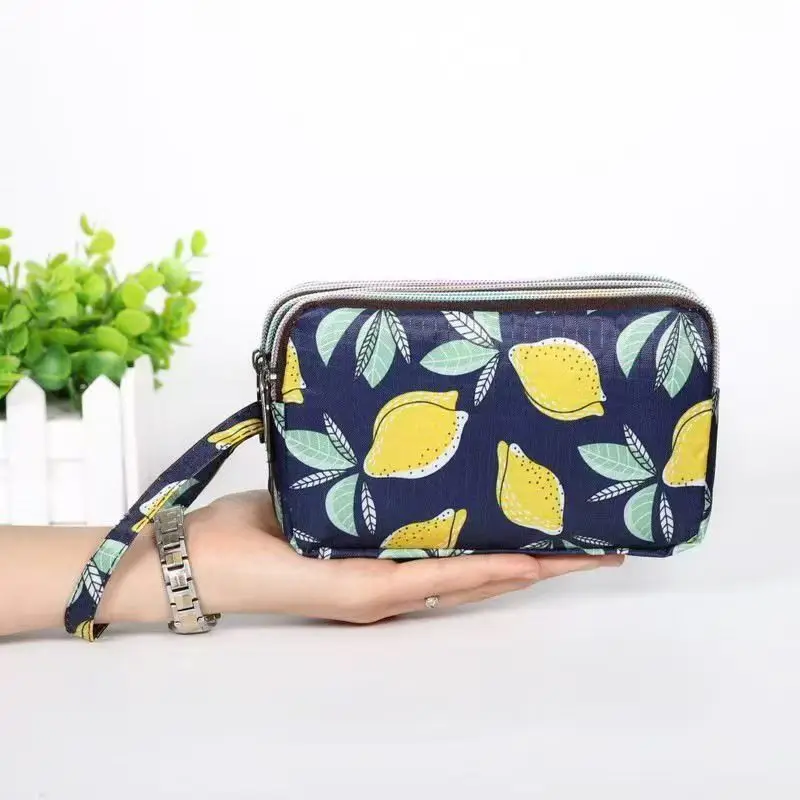 Zero wallet long style fabric handbag with three zippers for ladies, large capacity phone bag for women