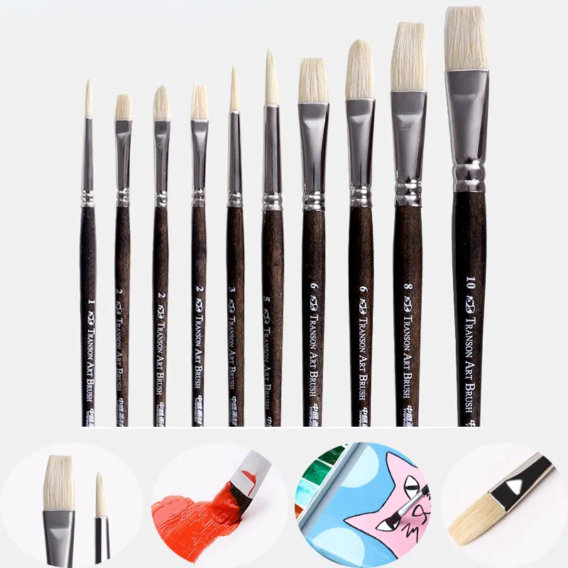 

10 Pieces of Brown Short-stem Bristle Brush Set Student Drawing Creation Watercolor Oil Painting Textile Pigment Art Brush